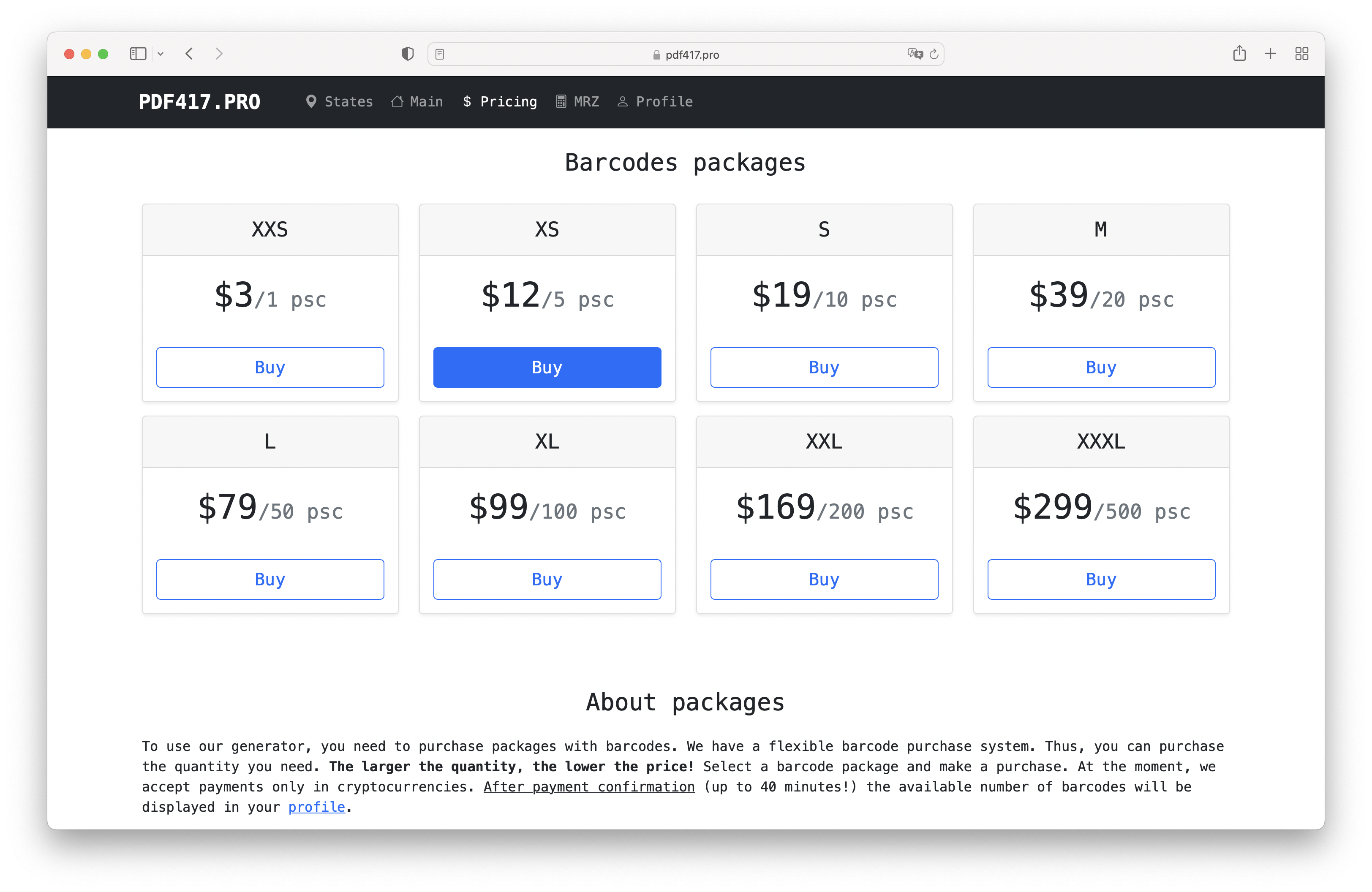 Pricing page
