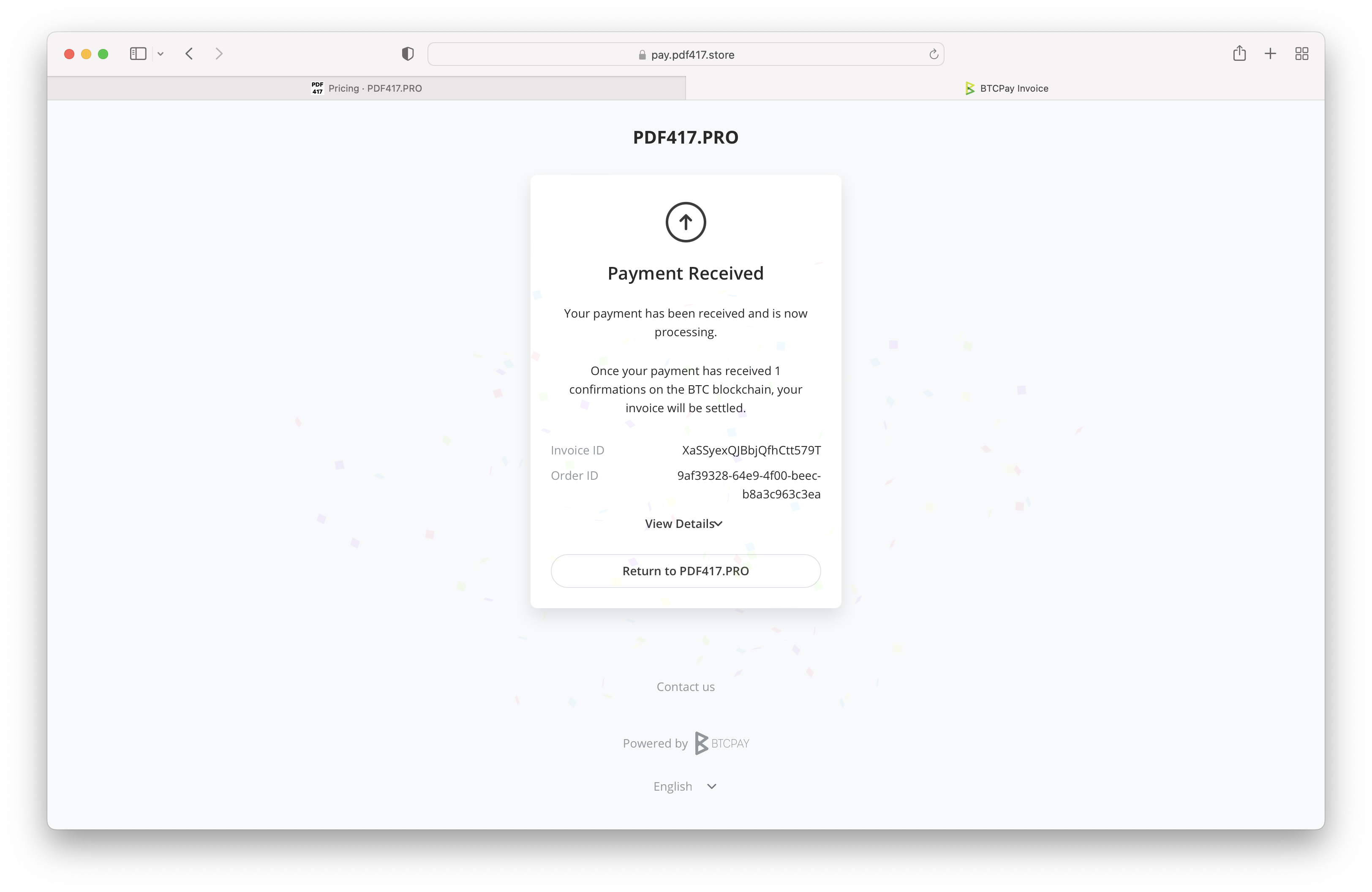 payment confirmation page