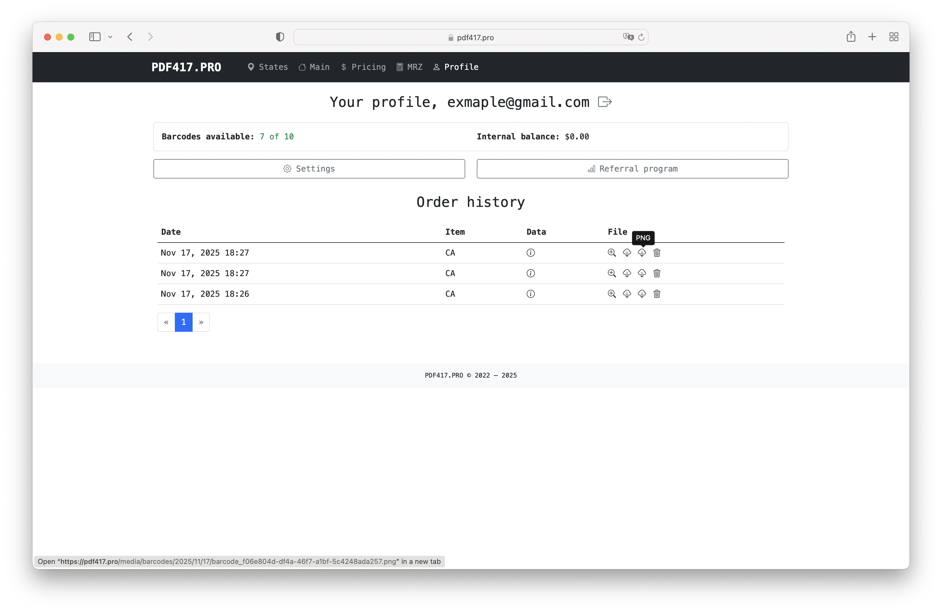 profile page with barcodes history